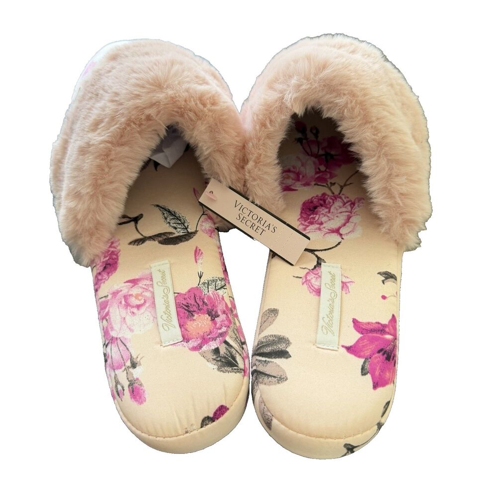 New Victoria Secret Slippers Size L 9/10 Floral Lounge Spa Casual
